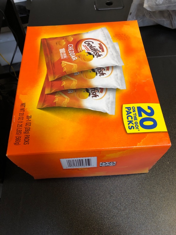 Photo 2 of  expires- 4/7/24
Goldfish Cheddar Crackers, Snack Pack, 1 oz, 20 CT Multi-Pack Box Cheddar 20ct