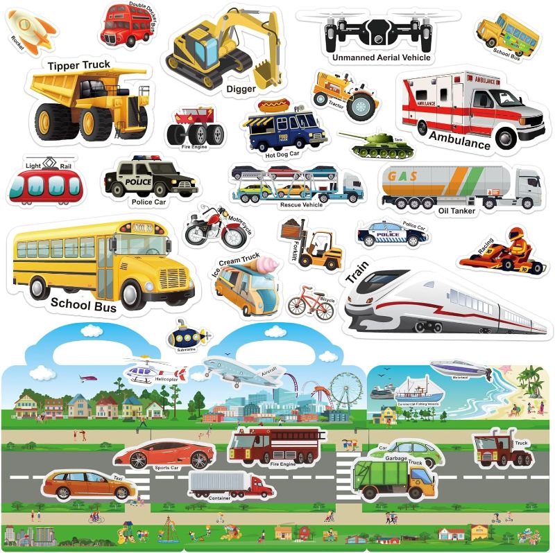 Photo 1 of 210 PCS Vehicles Reusable Sticker Books for Kids 2-4, 6 Sheets Reusable Stickers for Toddlers 1-3, Cute Waterproof Toddler Stickers Age 2-4, Window Clings Travel Learning Toys Educational Stickers
