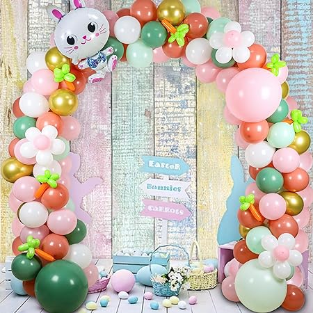 Photo 1 of Happy Easter Balloon Garland Arch Kit, 149pcs Pink Green White Balloons with Rabbit Carrot Balloons for Easter Party Decorations Baby Shower Girls Birthday Party Supplies
