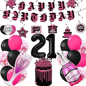 Photo 1 of 21st Birthday Decorations for Her - 21st Birthday Decorations for Women 21st Birthday Decorations 21st Happy Birthday Banner Hanging Swirls Kits Balloons Decoration for Her
