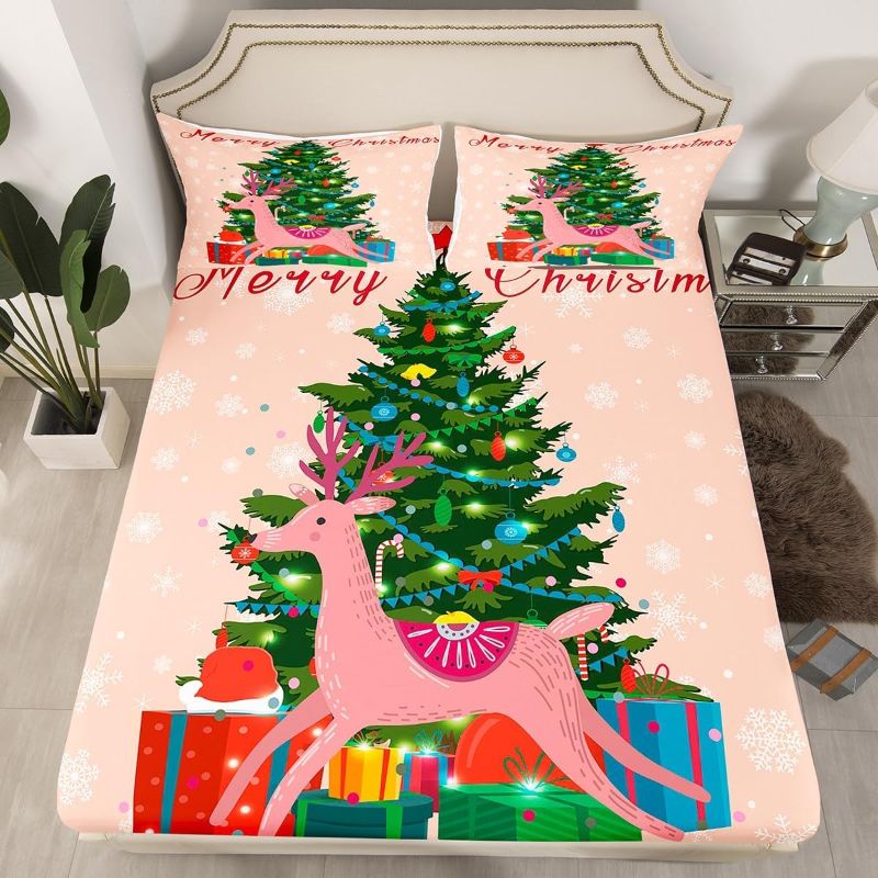 Photo 1 of Erosebridal Christmas Tree Fitted Sheet Queen Size,Snowflake Cute Deer Bedding Set for Girls Boys Women,Farmhouse Animal Reindeer Xmas Theme Bed Sheets,Christmas Decorations Festival Gifts Bed Cover
