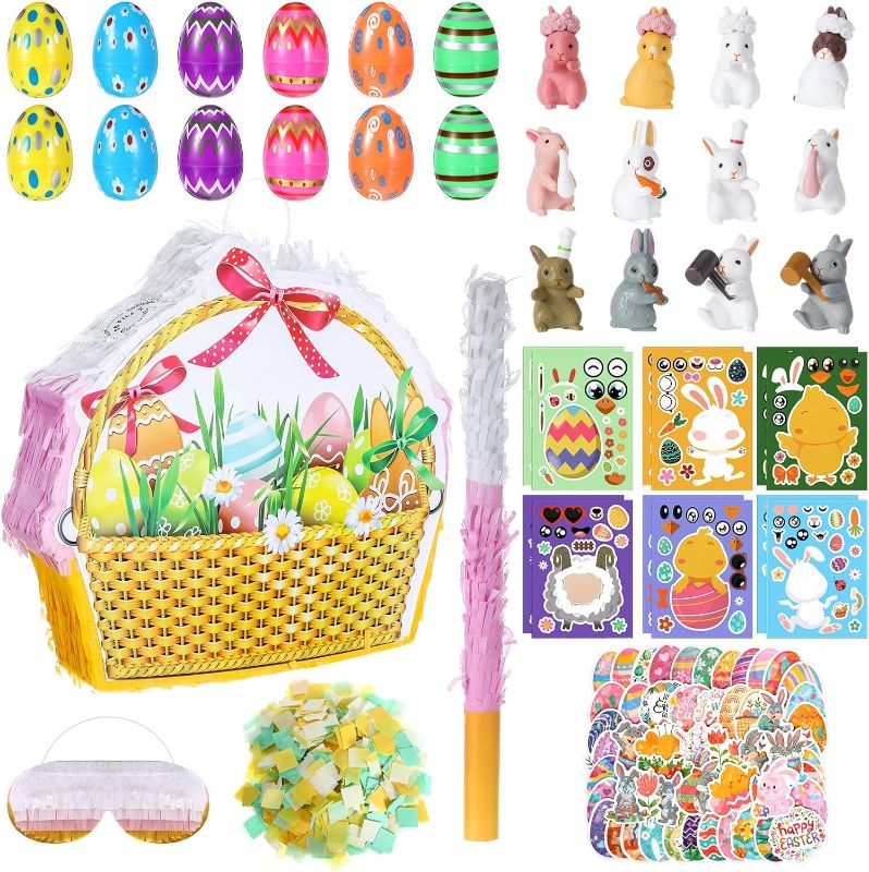 Photo 1 of 140 Pcs Easter Pinata Decorations Easter Basket Pinata Set with Blindfold Baton Confetti Bag, Include Easter Party Favors Bunny Easter Basket Stuffers for Kids Easter Eggs Hunt Birthday Party
