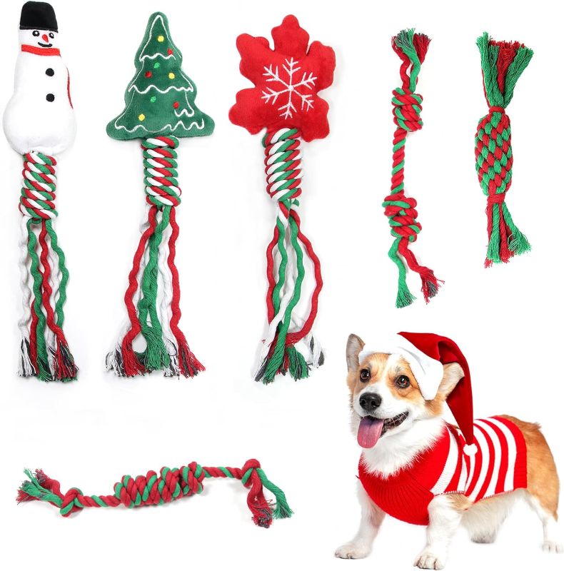 Photo 1 of Christmas Dog Rope Toys, Dog Chew Rope Toys Set (6 Pack), Interactive Tug of War Toys Rope, Colorful Rope Candy, Squeaky Snowman/Christmas Tree/Snowflake, Toys for Pets
