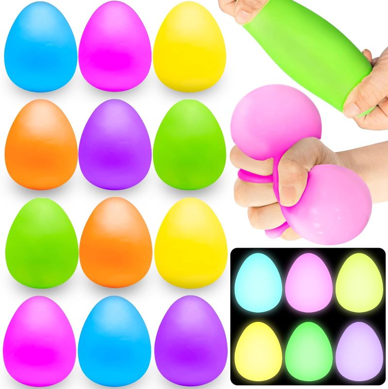 Photo 1 of 12 Pack Easter Egg Stress Balls Easter Basket Stuffers 6 Colors Slow Rising Glow in The Dark Fidget Stress Relief Squishies Squeeze Balls Easter Toys for Kids Easter Eggs Hunt Party Favor School Prize
