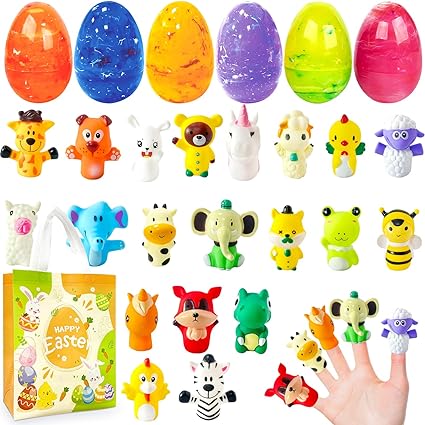 Photo 1 of 24Pcs Easter Marble Eggs with Finger Puppet, 1pc Non Woven Bags for Easter Theme Party Favors, Supplies for Easter Egg Hunt, Basket Stuffers/Fillers, Classroom Prize Supplies Toddler Boys Girls
