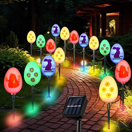 Photo 1 of 16 ft 20 LED Lights Solar Easter Egg Lights String with Stakes for Easter Decoration 8 Modes Solar Easter Eggs Stake Lights Waterproof Solar Easter Lights Outdoor for Garden Pathway Yard
