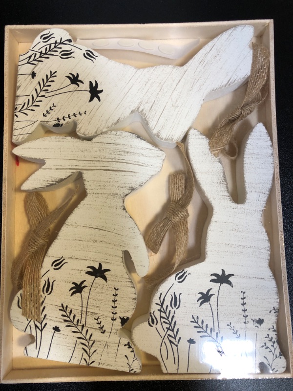 Photo 1 of 4 Pack Easter Day Natural Wood Bunny Decorations - Rustic Wooden Rabbit Cutouts Sign, Freestanding Farmhouse Tiered Tray & Tabletop Centerpieces, Spring Decor
