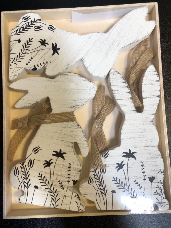 Photo 1 of 4 Pack Easter Day Natural Wood Bunny Decorations - Rustic Wooden Rabbit Cutouts Sign, Freestanding Farmhouse Tiered Tray & Tabletop Centerpieces, Spring Decor
