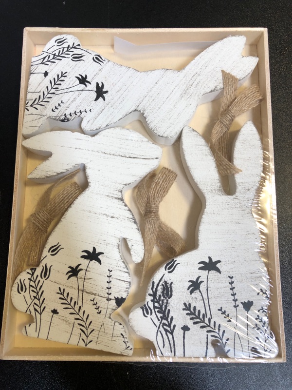 Photo 1 of 4 Pack Easter Day Natural Wood Bunny Decorations - Rustic Wooden Rabbit Cutouts Sign, Freestanding Farmhouse Tiered Tray & Tabletop Centerpieces, Spring Decor
