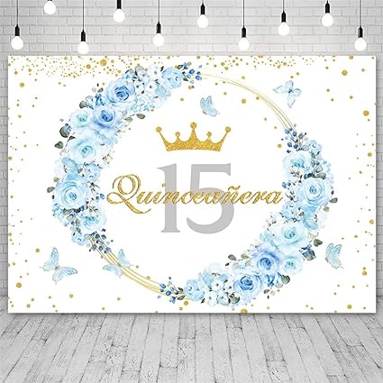 Photo 1 of 8x6ft Quinceanera 15th Birthday Backdrop for Girl Mexico 15th Adult Girl Birthday Party Supplies Photography Background Blue Flowers Golden Crown Party Decorations
