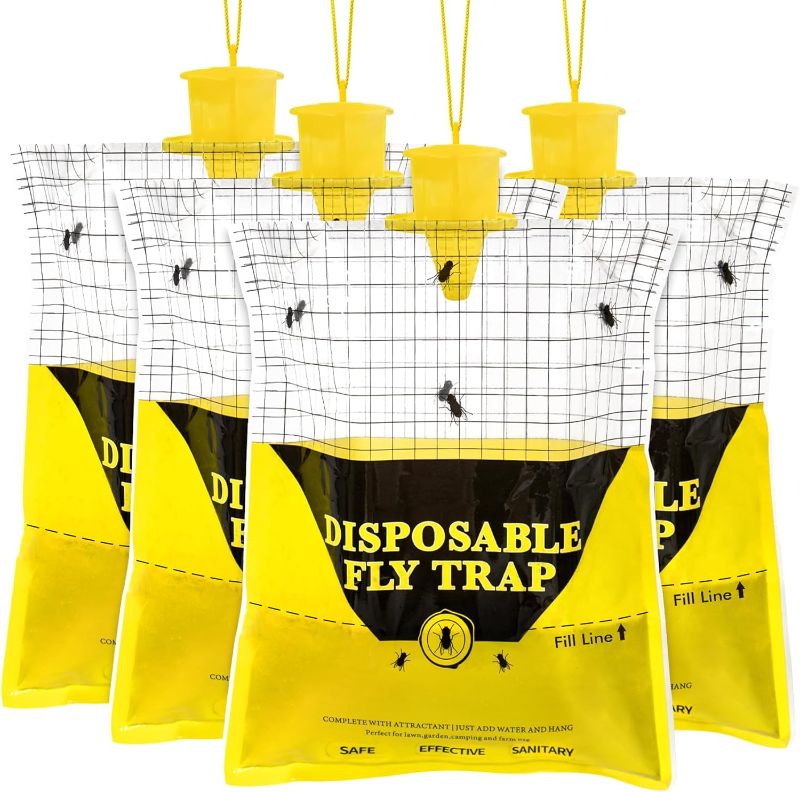 Photo 1 of 4 Pack 10.8 * 12.6 Inch Big Bag Disposable Fly Traps Outdoor Hanging with 50g Natural Pre-Baited, Ranch Stable Horse Fly Hunter Trap Control for Barn, Mosquito Bug Flying Insect Trap Catchers Killer
