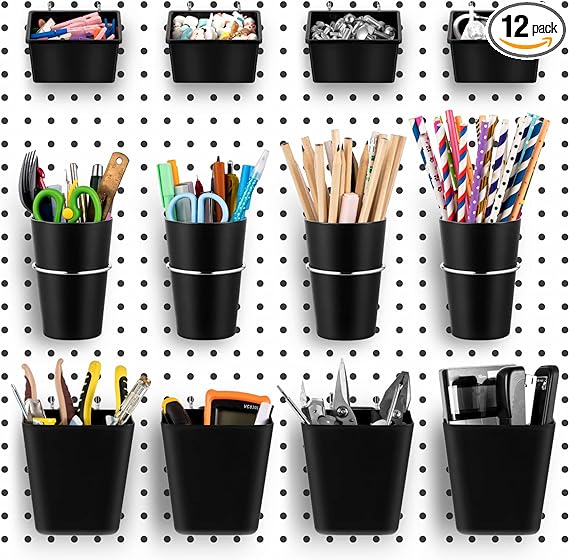 Photo 1 of 12 Pcs Pegboard Bins Pegboard Cups with Hooks Peg Board Organizer Accessories Pegboard Tool Organizer Pegboard Wall Organizer Pegboard Baskets Set for Garage Workshop Workbench Office Tools Storage
