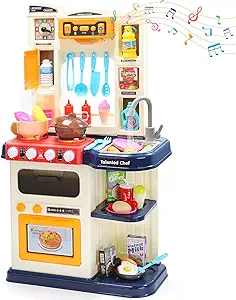 Photo 1 of CUTE STONE Play Kitchen, Kids Kitchen Playset with Real Sounds & Lights, Pretend Play Food Toys, Play Sink, Cooking Stove with Steam, Toddler Kitchen Toy Gift for Boys and Girlis (Blue)

