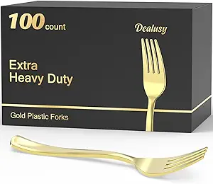 Photo 1 of 100 Count Heavy Duty Gold Plastic Forks Disposable, BPA-Free, Heat Resistant, Solid and Durable Gold Forks Disposable, Premium Plastic Gold Disposable Forks for Party Supply
