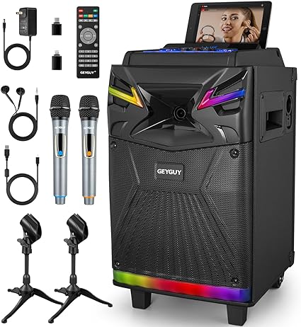 Photo 1 of GTSK10-1 DSP Bluetooth Karaoke Machine with Live Streaming Function, Portable PA System with 2 Wireless Microphones - as Projector Speaker with Sound Effect/DJ Lights/FM/Digital Recording (10 inch)
