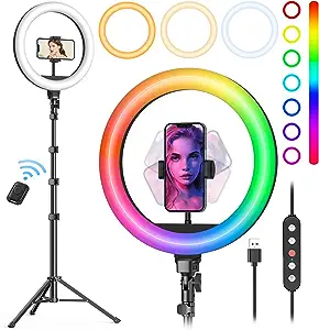 Photo 1 of 10' rgb  ring light with tripod stand Weilisi 10" Selfie Ring Light with Tripod Stand, 72'' Tall & Phone Holder, 38 Color Modes, Stepless Dimmable/Speed LED Ring Light for iPhone & Android,YouTube, Makeup,TIK Tok