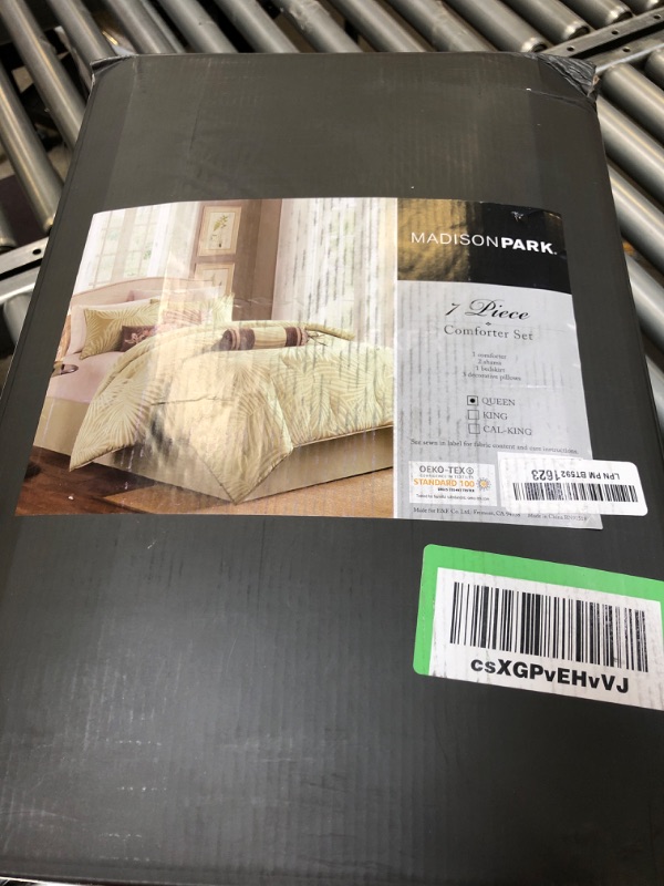 Photo 2 of Madison Park Comforter Scenic Design All Season Hypoallergenic Down Alternative Set, Matching Bed Skirt, Decorative Pillows, Queen (90 in x 90 in), Freeport, Palm Leaf Olive Green Queen (90 in x 90 in) Freeport, Palm Leaf Olive Green