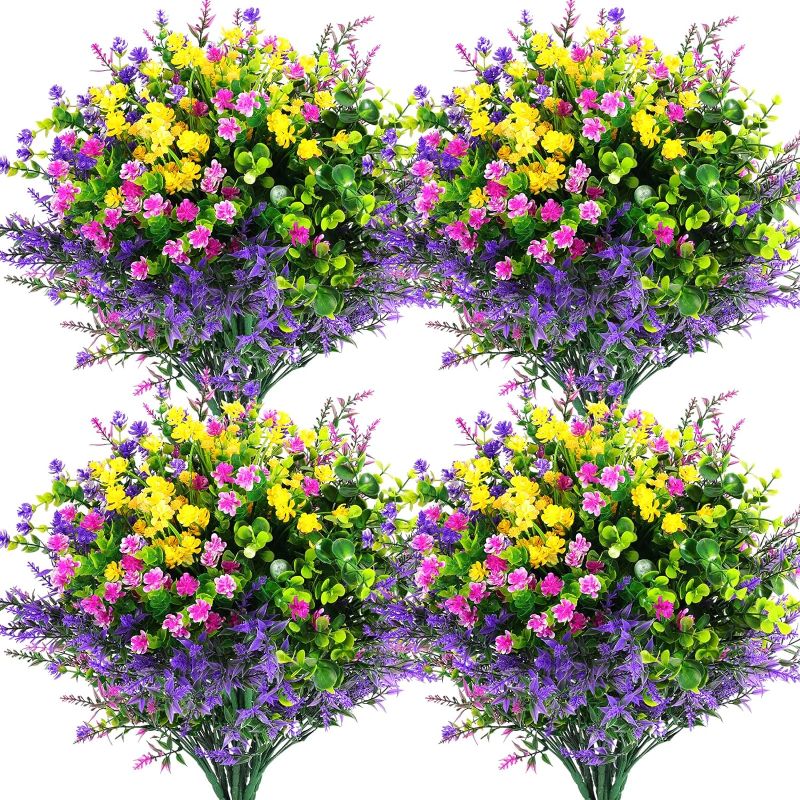 Photo 1 of 12 Pcs Artificial Flowers Outdoor, Faux Artificial Plants Shrubs Plastic Flower Bulk for Hanging Planter Porch Window Home Wedding Fall Summer Decor (12, Multiple Color)
