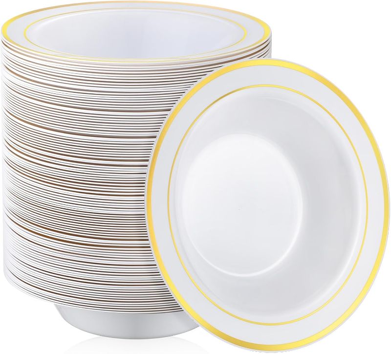 Photo 1 of 100 Pcs Plastic Bowls with Gold Rim 12 oz Disposable Soup Bowls Elegant Party Dessert Bowls Disposable Dinnerware Fancy Shatterproof Tableware for Serving Food, Wedding, Holidays (White)
