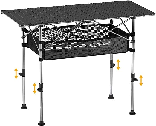 Photo 1 of Camping Table with Adjustable Height, Outdoor Folding Camping Table with Mesh Layer and Large Storage Bag, Protable Aluminum Folding Table for Camping, Beach, Picnic, Party, BBQ
