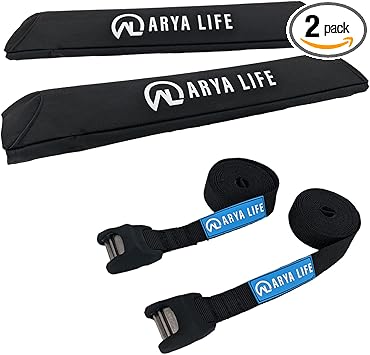 Photo 1 of Arya Life 19" Aero Rack Pads with 2 x 10 Ft Tie Down Straps for Surfboard, SUP Paddleboard, Snowboard, Soft Roof Rack Pads, (Pair), Black
