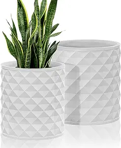 Photo 1 of 12/10 Inch Round Pots for Plants, 2 PKS Modern Diamond Mgo Flower Tree Planters with Geometric Texture Design and Drainage Holes, Planter for Indoor & Outdoor Concrete Garden Patio Porch Decor
