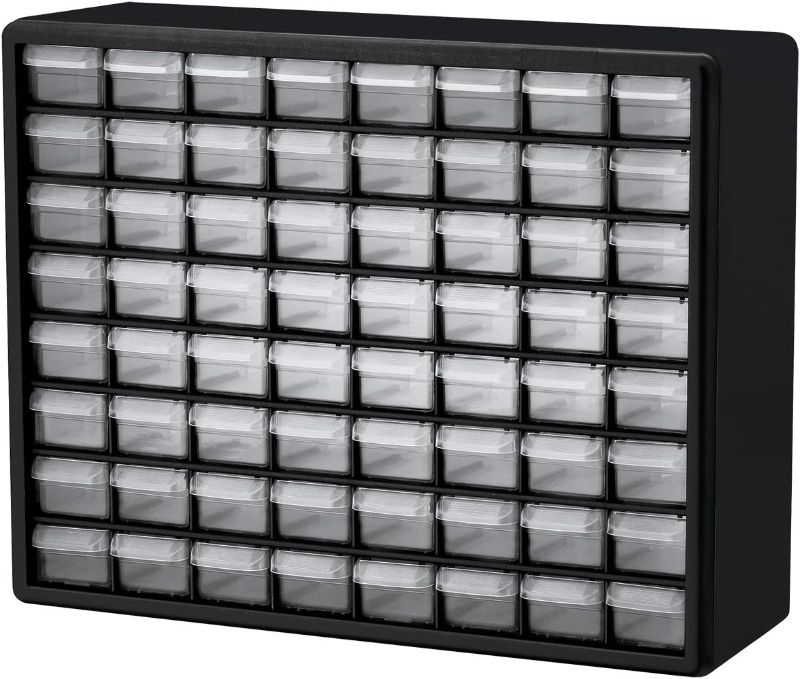 Photo 1 of Akro-Mils 10164 64 Drawer Plastic Parts Storage, Hardware and Craft Cabinet, Bead Organizer, 20-Inch W x 6-Inch D x 16-Inch H, Black
