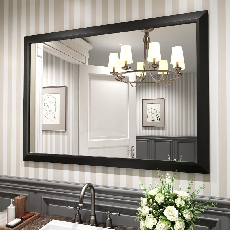 Photo 1 of Amorho Black Bathroom Mirror, 48x35 Inch Thick Metal Framed Wall Mirrors for Over 2 Sinks, Bedroom, Living room, Entryway, Large Rectangle Wall-mounted Mirrors.
