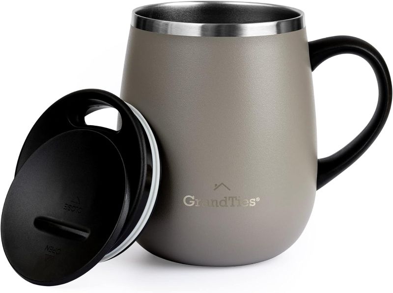 Photo 1 of GRANDTIES Insulated Coffee Mug with Handle- Sliding Lid for Splash-Proof 16 oz Wine Glass Shape Thermal Tumbler with Double Walled Vacuum Stainless Steel to Keeps Beverages Hot or Cold-Caffe Latte
