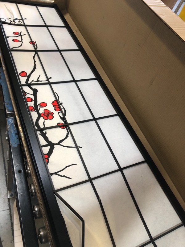 Roundhill Furniture Black Japanese 4Panel Screen Room Divider, Plum Blossom for sale Las