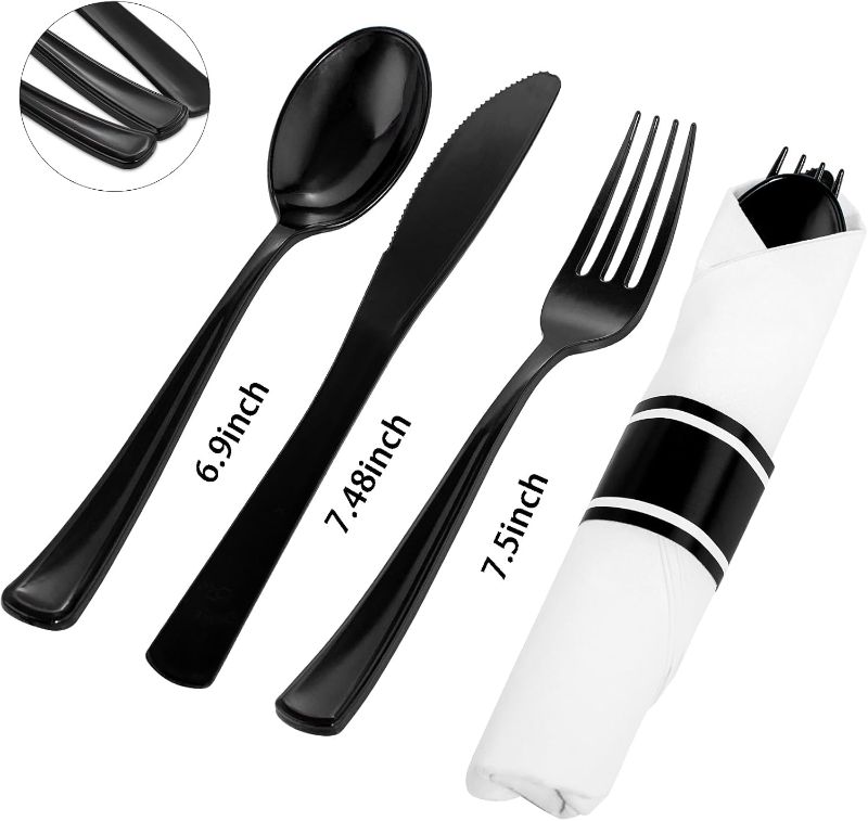 Photo 1 of 10 PACK--Black Plastic Silverware,Rolled Plastic Silverware,Pre Wrapped Black Silverware,Heavy Duty Plastic Cutlery,Plastic Forks and Spoons,Rolled Cutlery with Napkins,Pre Wrapped Cutlery