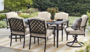 Photo 1 of 6-Pack Laurel Oaks Brown Steel Outdoor Dining Chairs with CushionGuard Putty Tan Cushions
