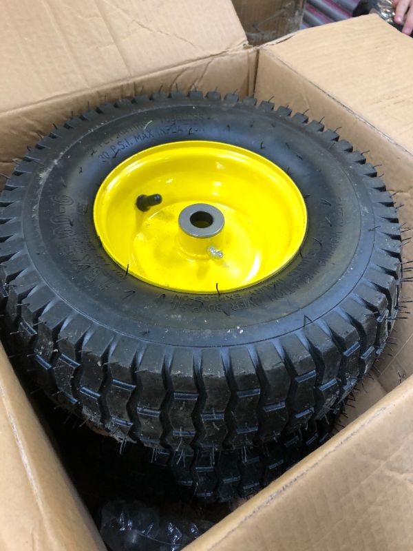 Photo 2 of 2PCS 15x6.00-6 Lawn Mower Tires,15x6-6 Front Tire Assembly Replacement for Craftsman/John Deere/Cub Cadet Riding Mowers,4 Ply Tubeless,570lbs Capacity,3" Offset Hub,3/4" Bushing
