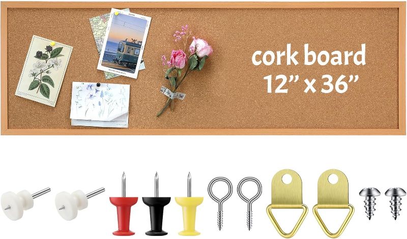 Photo 1 of 12'' x 36'' Cork Bulletin Board Framed Corkboard Large Wall Mounted Cork Board with Installation Kit, Push Pins for Home and Office Decor, School Message Board or Vision Board (Brown)
