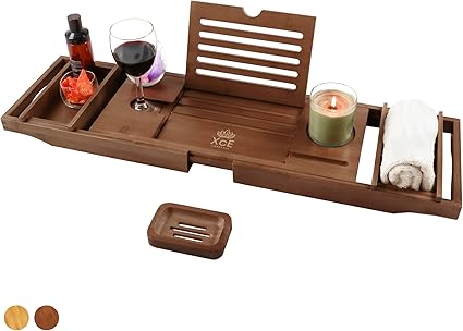 Photo 1 of  Bathtub Caddy Tray Expandable to 105cm with Bamboo Book Stand and Soap Tray, Brown