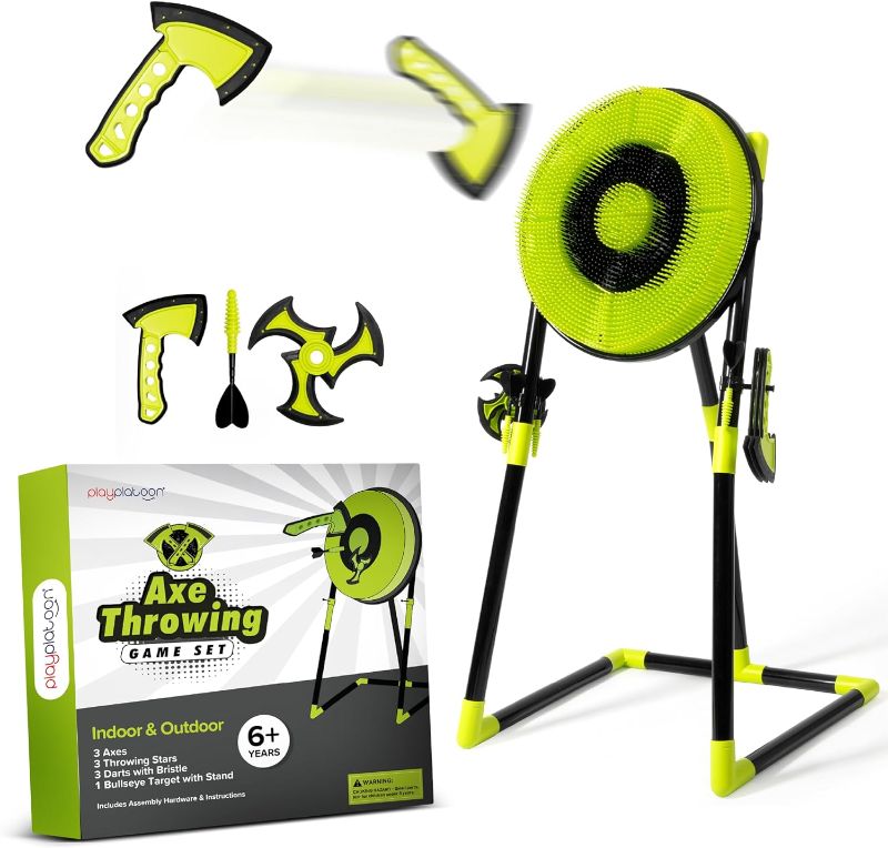 Photo 1 of Play Platoon Kids Axe Throwing Game for Backyard, Axe Throwing Set for Adults & Kids, Includes 3 Plastic Hatchets, 3 Throwing Stars & 3 Darts with Bristle Dart Board for Indoor & Outdoor Fun
