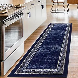 Photo 1 of Antep Rugs Alfombras Bordered Modern 2x7 Non-Slip (Non-Skid) Low Pile Rubber Backing Indoor Area Runner Rug (Navy, 2' x 7')

