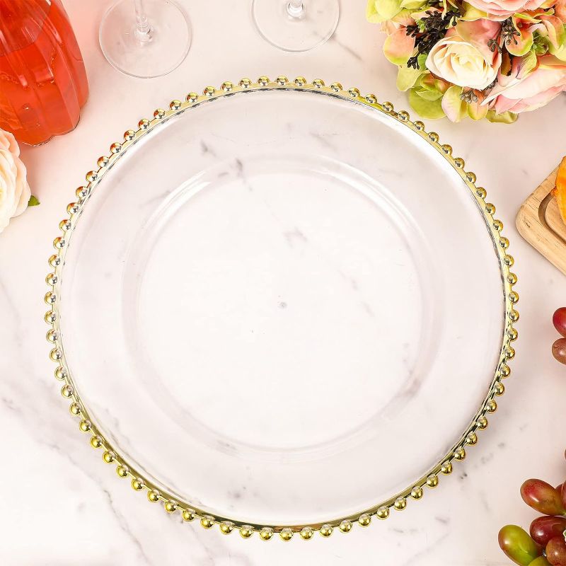 Photo 1 of 50 Pcs Clear Charger Plates 13 Inch Plastic Round Dinner Plates with Beaded Rim Dinner Table Decorative Plates for Home Wedding Kitchen Birthday Bridal Shower Party Dinner Table Supply (Gold)
