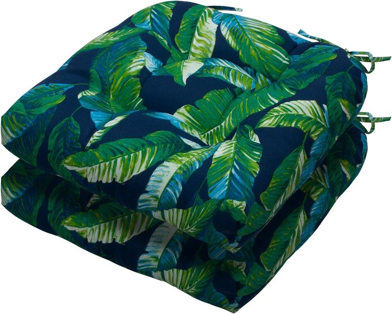 Photo 1 of Magpie Fabrics Tufted Seat Cushion, 19 x 19 x 5 inch, U Shaped Patio Cushion with Ties, Outdoor/Indoor Chair Cushion, Waterproof for Dining Room, Garden, Balcony, Office, Green Lagoon Leaves
