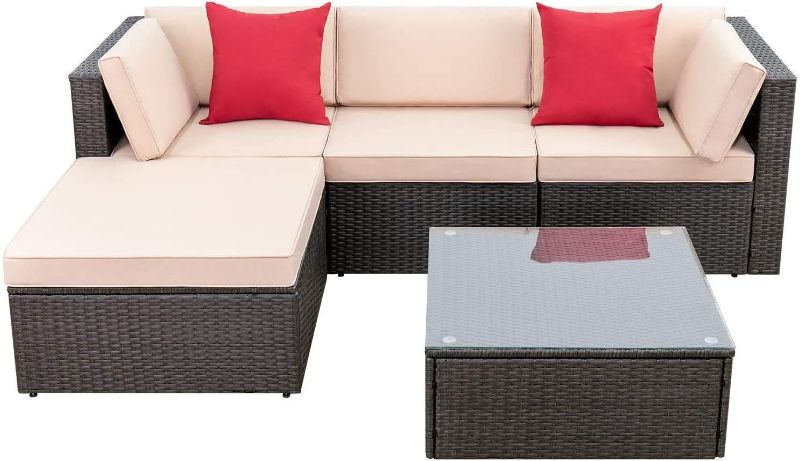 Photo 1 of Devoko 5 Pieces Patio Furniture Sets All Weather Outdoor Sectional Patio Sofa Manual Weaving Wicker Rattan Patio Seating Sofas with Cushion and Glass Table(RED)
