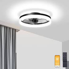 Photo 1 of VOLISUN Low Profile Ceiling Fan with Lights and Remote, 19.7in Modern Ceiling Fans Flush Mount, 3000K-6500K Dimmable Bladeless LED Fan Light, Black Fandelier Ceiling Fans with Lights for Bedroom
