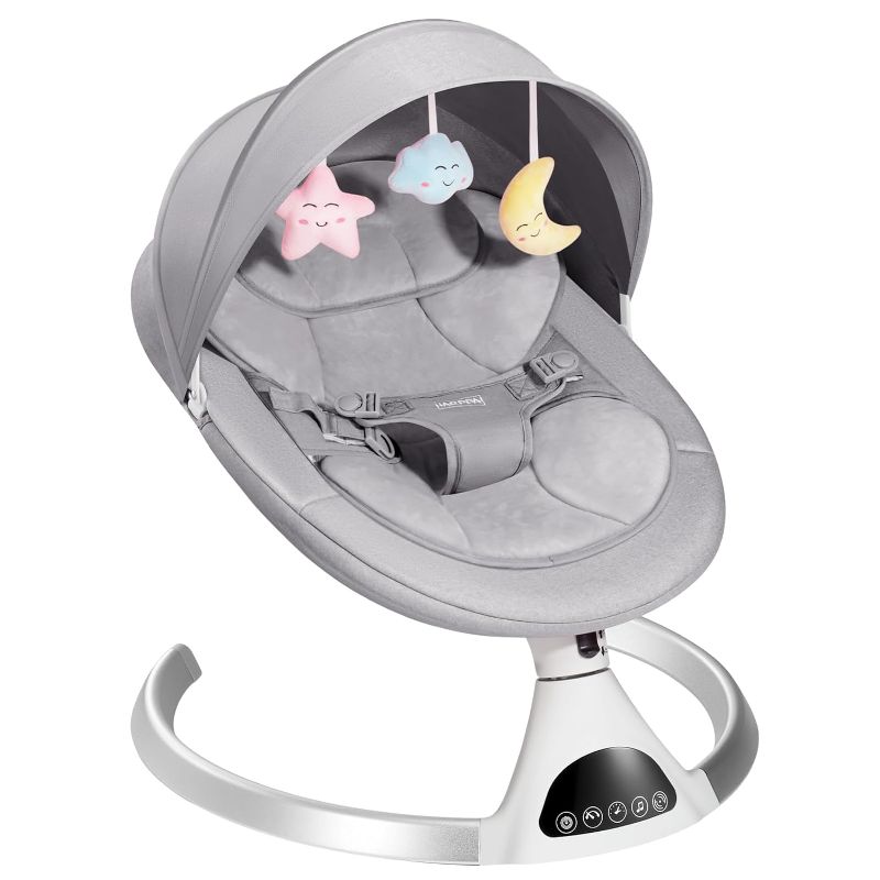 Photo 1 of Electric Baby Swings for Infants to Toddler, Portable Babies Rocker Bouncer for Newborn Boy and Girls, Motorized Bluetooth Song, Music Speaker with 12 Preset Lullabies, Remote Control Gray
