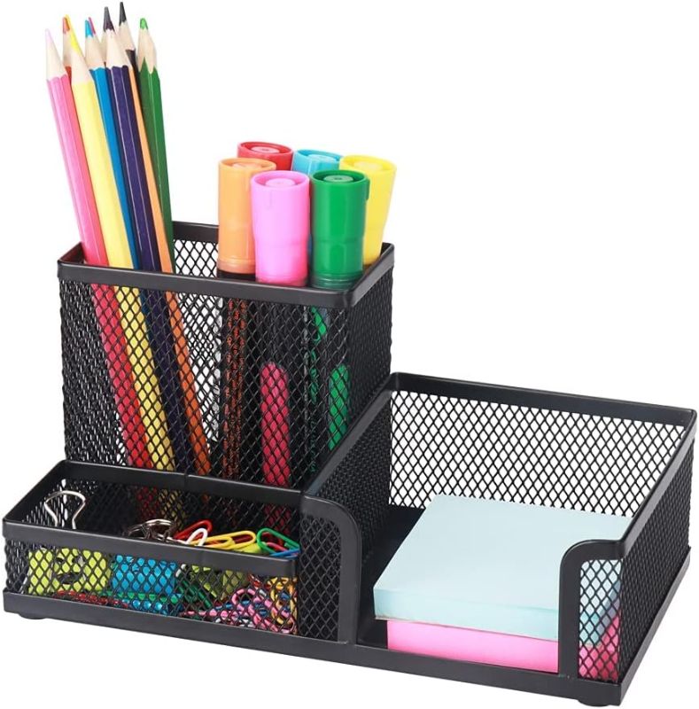 Photo 1 of Desk Pencil Holders Desk Organizer Office Supplies Caddy with Sticky Notes Holder for Office School Home 3 Compartments Black
