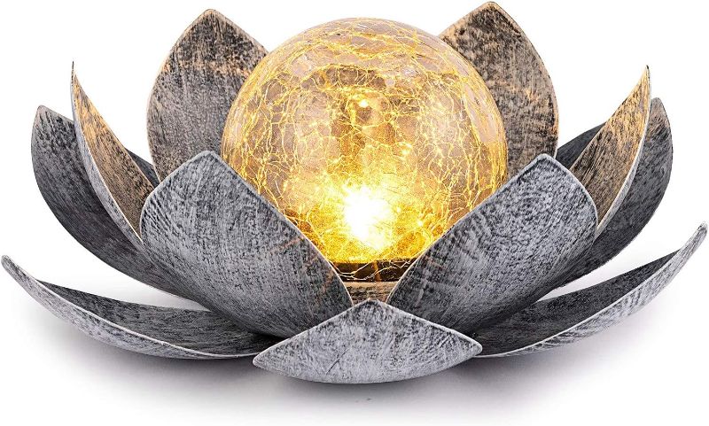 Photo 1 of Huaxu Solar Lights Outdoor Garden, Crackle Globe Glass Lotus Decoration, Waterproof LED Metal Flower Lights for Patio,Lawn,Walkway,Tabletop,Ground
