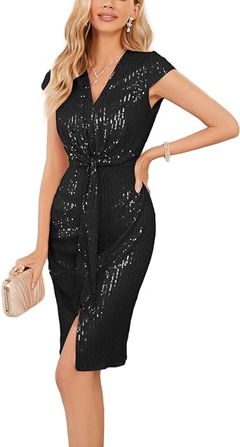 Photo 1 of GRACE KARIN Sequin Sparkly Dresses for Women Glitter Front Tie Cap Sleeves V Neck Midi Bodycon Cocktail Dress
SZ L