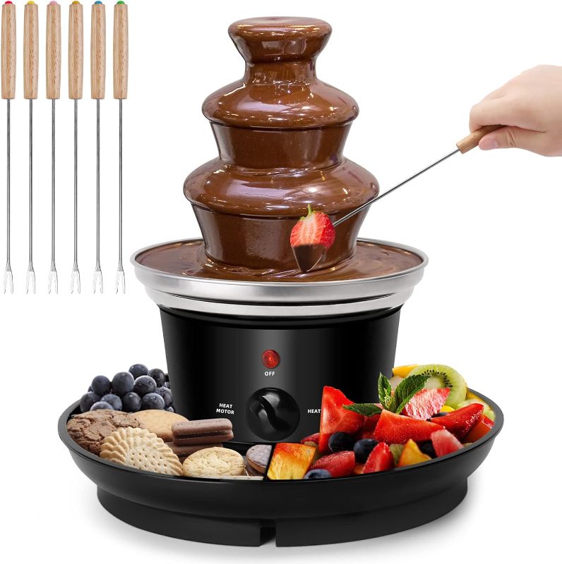 Photo 1 of 16-Ounce Chocolate Fondue Fountain, 3-Tier MINI Chocolate Fountain, Electric Melting Machine with 6PCS Fondue Fork and Removal Fruits/Nuts/Treats Serving Tray for BBQ Sauce,Ranch,Nacho Cheese,Liqueurs
