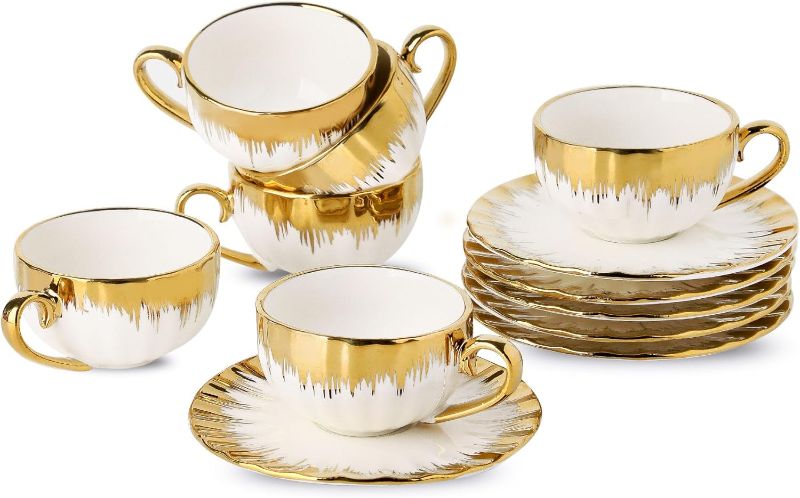 Photo 1 of Espresso Cups and Saucers, Porcelain Coffee Cup and Saucer Set with Gold Trim, 2.5 oz Demitasse Cup with Handle for Single Espresso, Latte, Set of 6?White
