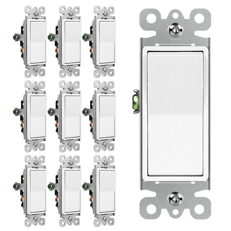 Photo 1 of BESTTEN 10 Pack 3-Way Decorator Light Switch, 15A 120/277V, Single Pole or Three Way, Rocker Paddle Wall Switch, On/Off Rocker Interrupter, UL Listed, White
