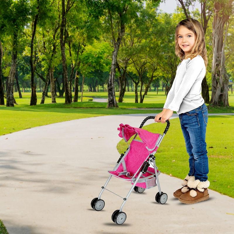 Photo 1 of fash n kolor Doll Stroller with Basket, My First Denim Pink Foldable Baby Doll Umbrella Doll Stroller Fits Upto 18" Dolls, Gift Toys for Girls,Baby Doll Accessories Include 2 Free Magic Bottles

