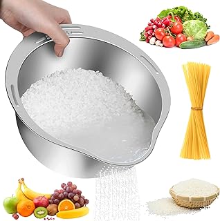 Photo 1 of Rice Washer Strainer Bowl - 4-in-1 Washing Bowl for Quinoa, Stainless Steel Rinser With Side Drainers Small Colander for Cleaning Fruits, Vegetables, and Beans - Versatile Kitchen Tool Rice Washing Strainer